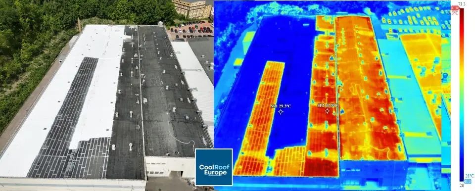 Aerial photo and thermal camera image of a partly coated industrial roof, showing the coated section much cooler than uncoated sections